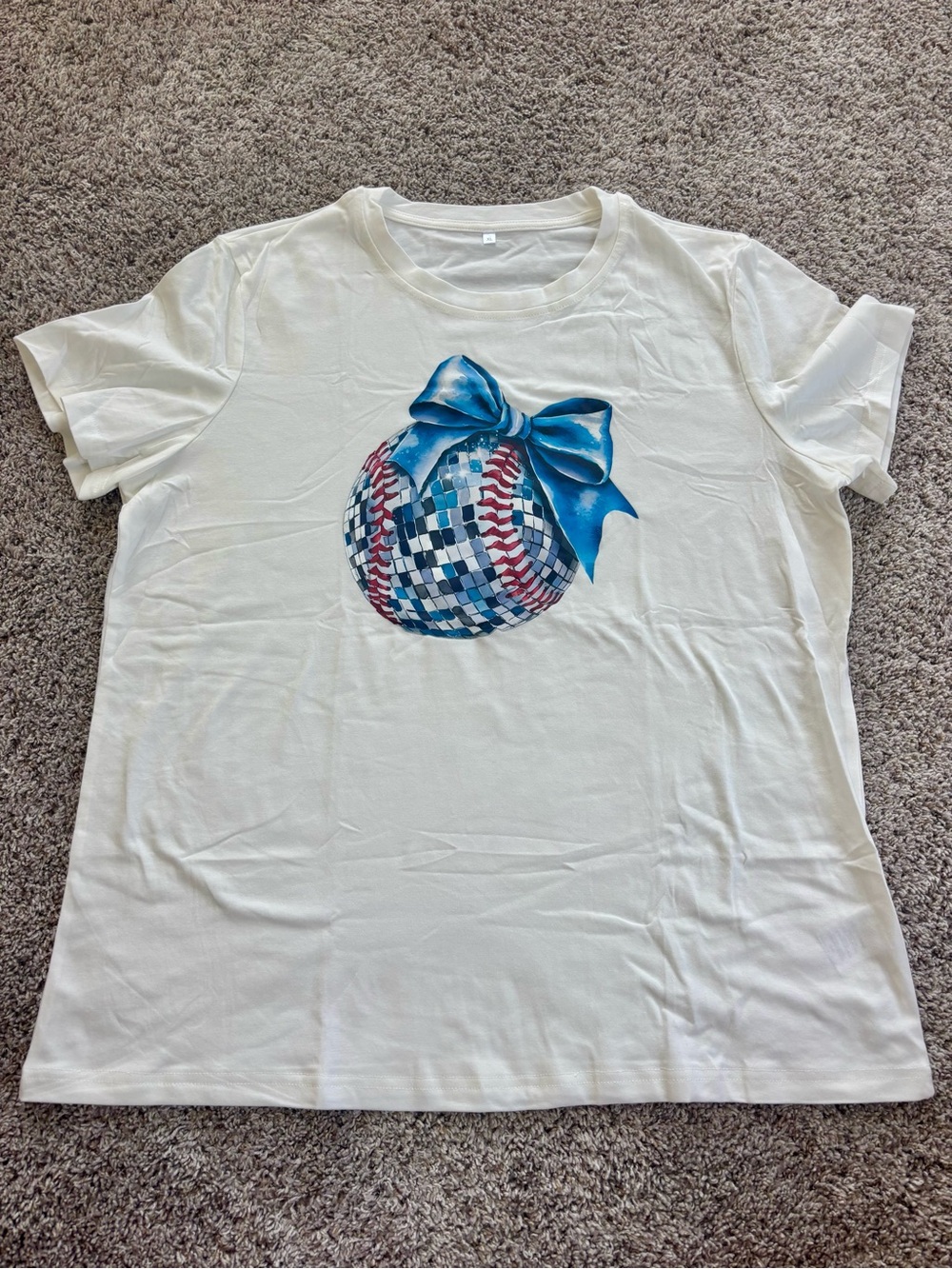 NWT women’s White Tee with Blue Ribbon Baseball coquette disco ball Graphic